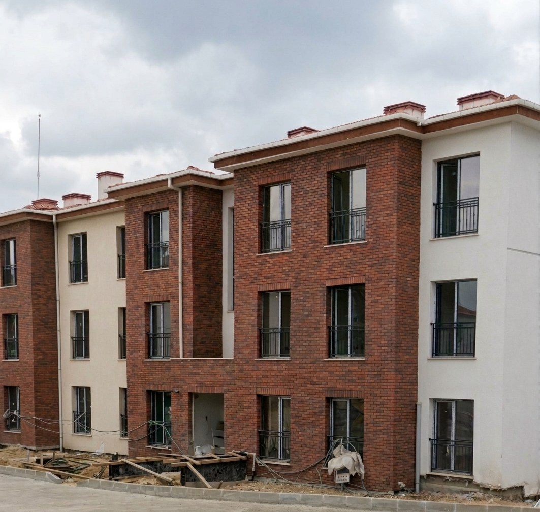Düzce Çilimli TOKİ konutları — klinker tuğla cephe yakın görünüm